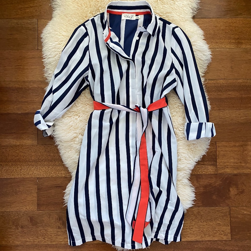 Black and white vertical striped shirt dress